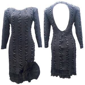 Vintage 80’s 90’s Dress Ruflled Bodycon Black Party Dress Women's Large